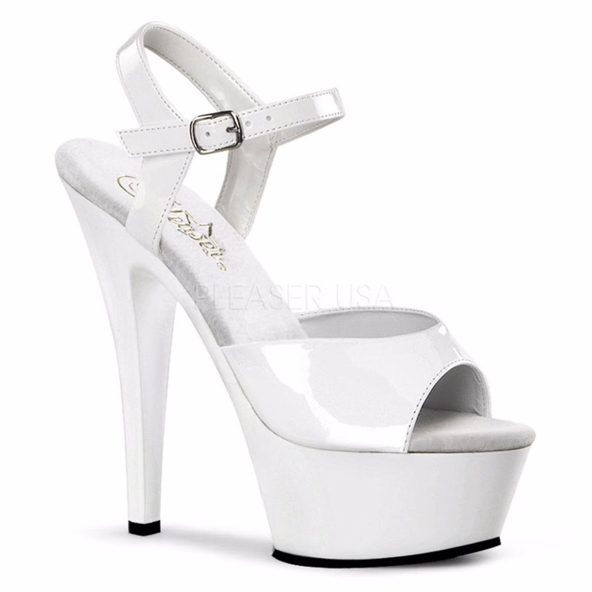Product image of Pleaser Kiss-209 White Patent/White, 6 inch (15.2 cm) Heel, 1 3/4 inch (4.4 cm) Platform Sandal Shoes