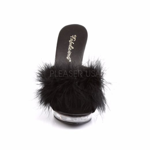Product image of Fabulicious Lip-101-8 Black Satin-Fur/Clear, 5 inch (12.7 cm) Heel, 3/4 inch (1.9 cm) Platform Slide Mule Shoes