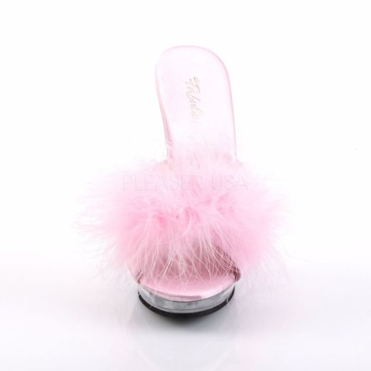 Product image of Fabulicious Lip-101-8 Baby Pink Satin-Fur/Clear, 5 inch (12.7 cm) Heel, 3/4 inch (1.9 cm) Platform Slide Mule Shoes