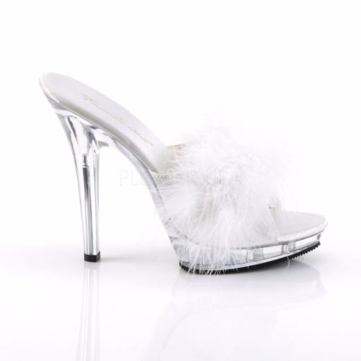 Product image of Fabulicious Lip-101-8 White Satin-Fur/Clear, 5 inch (12.7 cm) Heel, 3/4 inch (1.9 cm) Platform Slide Mule Shoes