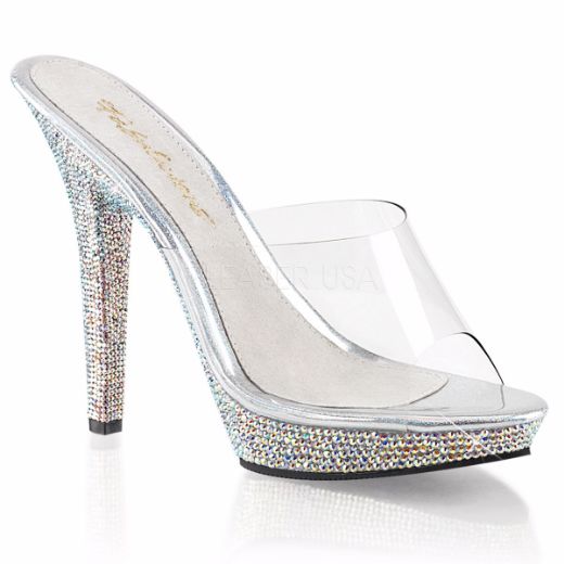 Product image of Fabulicious Lip-101Dm Clear/ Silver Multi Rhinestone, 5 inch (12.7 cm) Heel, 3/4 inch (1.9 cm) Platform Slide Mule Shoes