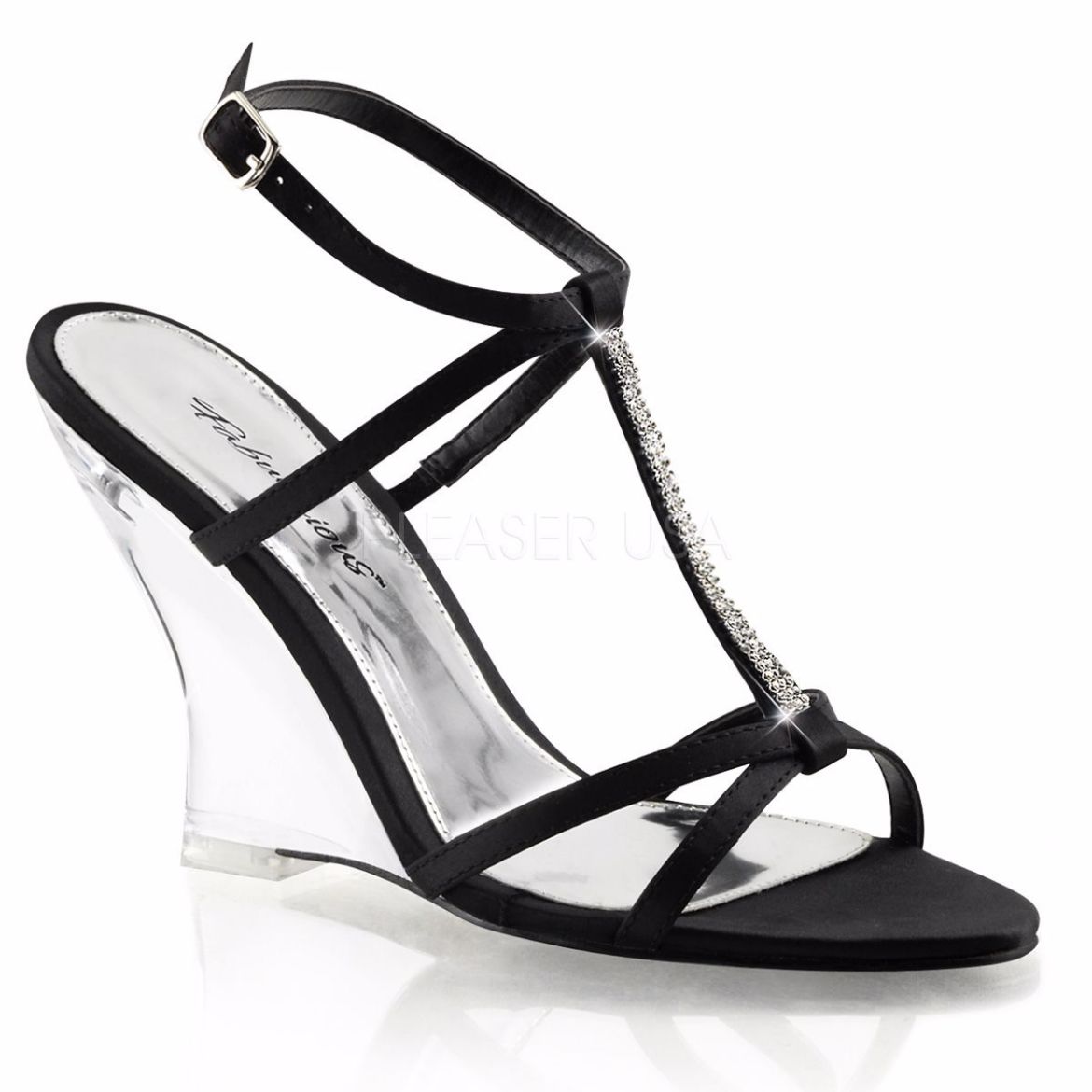 Product image of Fabulicious Lovely-428 Black Satin/Clear, 4 inch (10.2 cm) Wedge Sandal Shoes