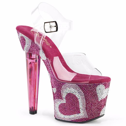 Product image of Pleaser Lovesick-708Heart Clear/Hot Pink-White Rhinestone, 7 inch (17.8 cm) Heel, 3 1/4 inch (8.3 cm) Platform Sandal Shoes