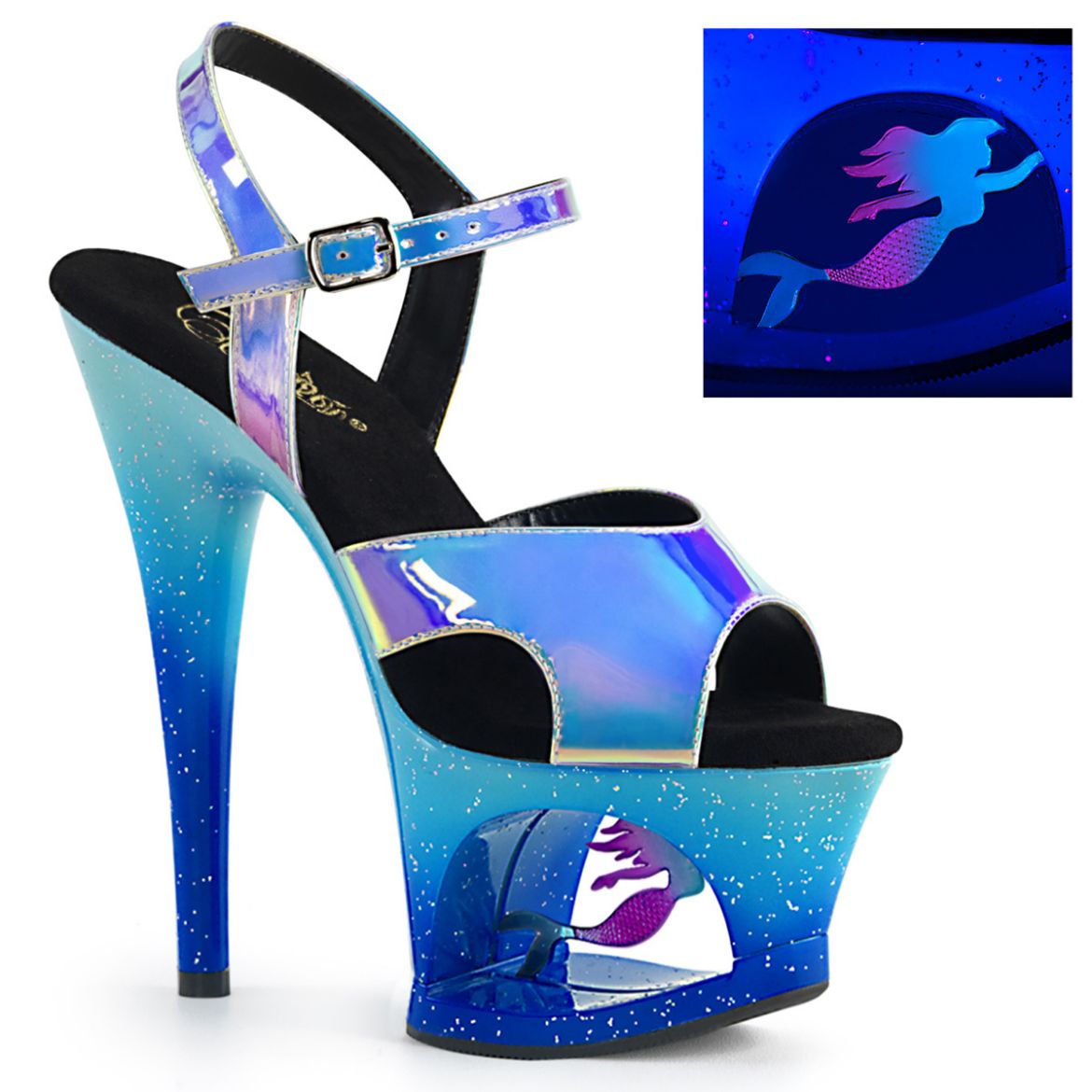 Product image of Pleaser Moon-711Mer Blue Shifting Tpu/Blue Ombre, 7 inch (17.8 cm) Heel, 2 3/4 inch (7 cm) Platform Sandal Shoes