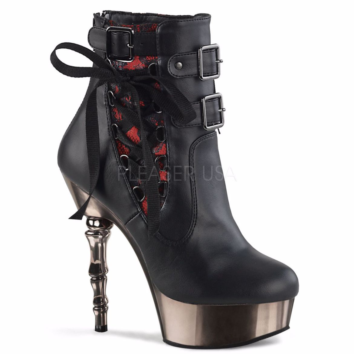 Product image of Demonia Muerto-1030 Black Faux Leather/Pewter Chrome, 5 1/2 inch (14 cm) Heel, 1 1/2 inch (3.8 cm) Platform Ankle Boot
