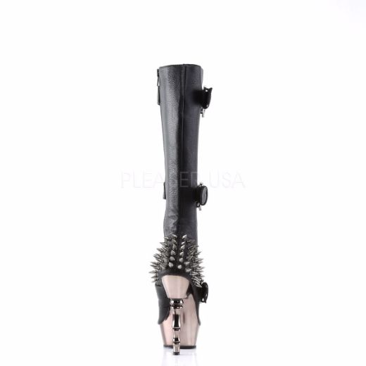 Product image of Demonia Muerto-2028 Black Vegan Leather/Pewter Chrome, 5 1/2 inch (14 cm) Heel, 1 1/2 inch (3.8 cm) Platform Knee High Boot