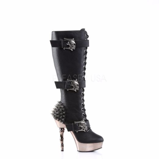 Product image of Demonia Muerto-2028 Black Vegan Leather/Pewter Chrome, 5 1/2 inch (14 cm) Heel, 1 1/2 inch (3.8 cm) Platform Knee High Boot