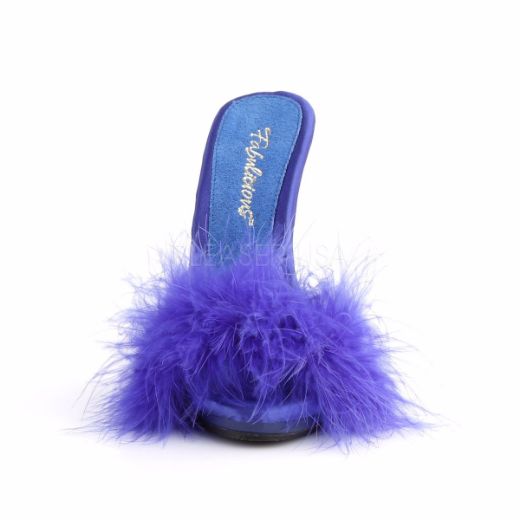 Product image of Fabulicious Poise-501F Blue Satin-Marabou Fur/Blue, 5 inch (12.7 cm) Heel, 3/8 inch (1 cm) Platform Sandal Shoes