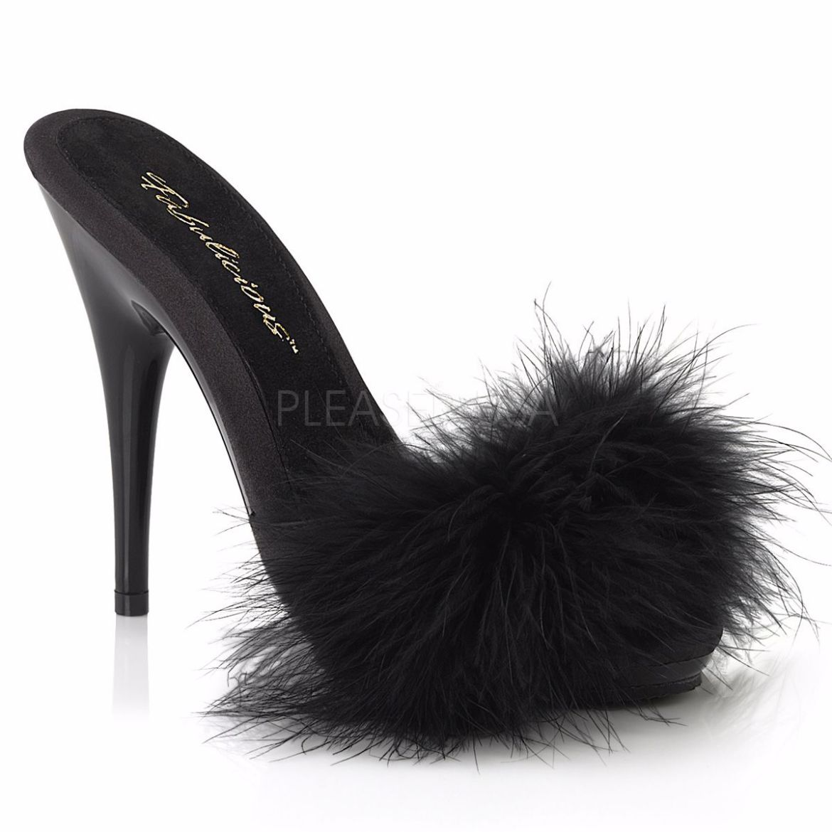Product image of Fabulicious Poise-501F Black Satin-Marabou Fur/Black, 5 inch (12.7 cm) Heel, 3/8 inch (1 cm) Platform Sandal Shoes