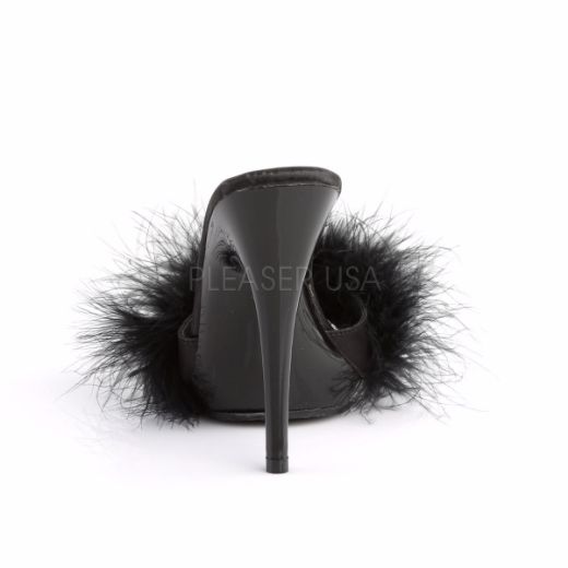 Product image of Fabulicious Poise-501F Black Satin-Marabou Fur/Black, 5 inch (12.7 cm) Heel, 3/8 inch (1 cm) Platform Sandal Shoes
