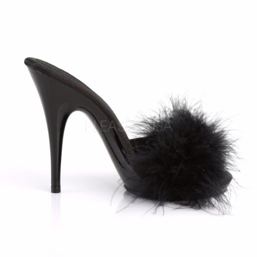 Product image of Fabulicious Poise-501F Black Satin-Marabou Fur/Black, 5 inch (12.7 cm) Heel, 3/8 inch (1 cm) Platform Sandal Shoes