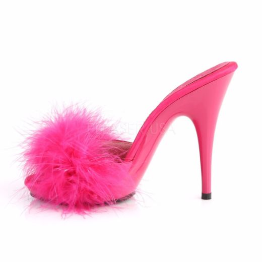 Product image of Fabulicious Poise-501F Hot Pink Satin-Marabou Fur/Hot Pink, 5 inch (12.7 cm) Heel, 3/8 inch (1 cm) Platform Sandal Shoes