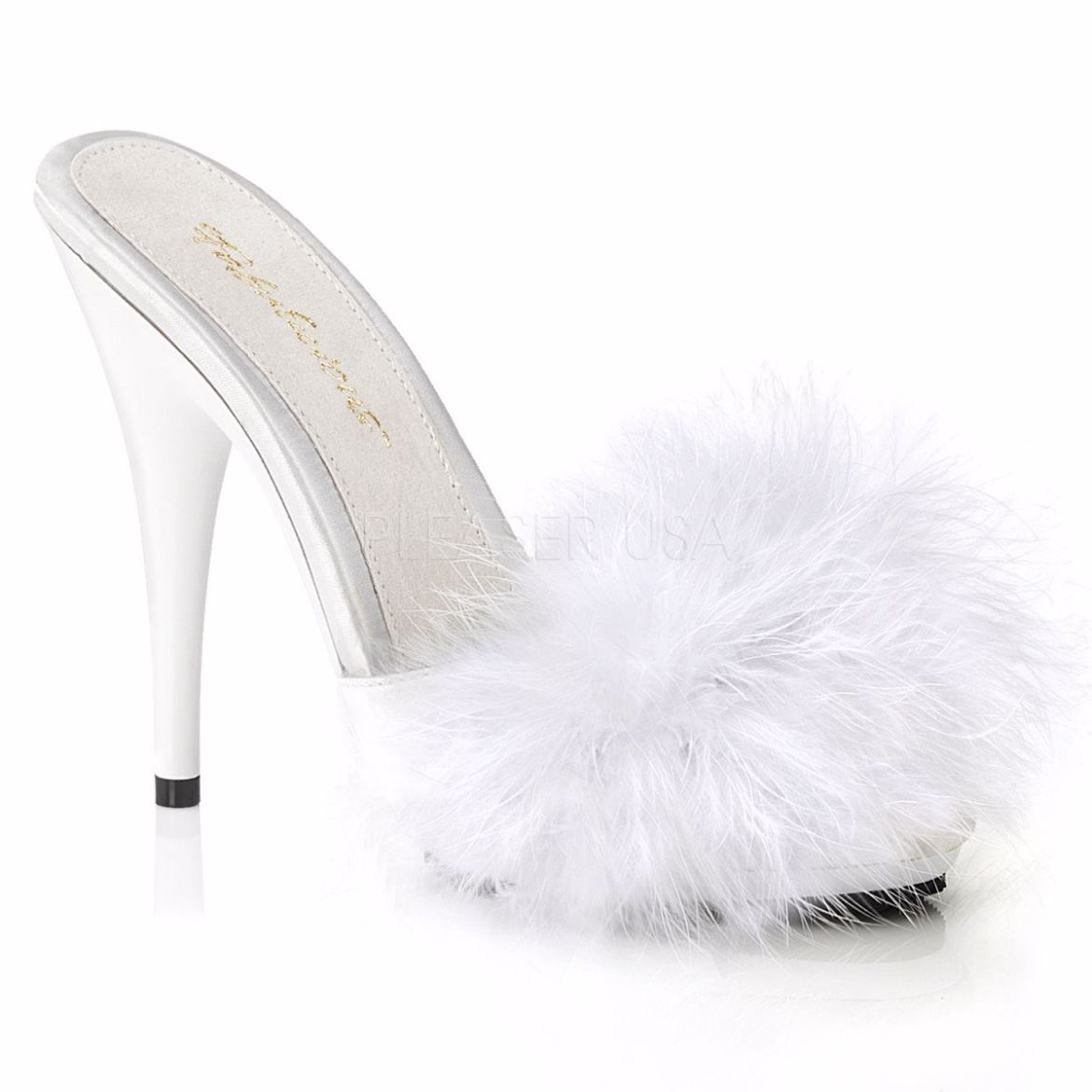 Product image of Fabulicious Poise-501F White Satin-Marabou Fur/White, 5 inch (12.7 cm) Heel, 3/8 inch (1 cm) Platform Sandal Shoes