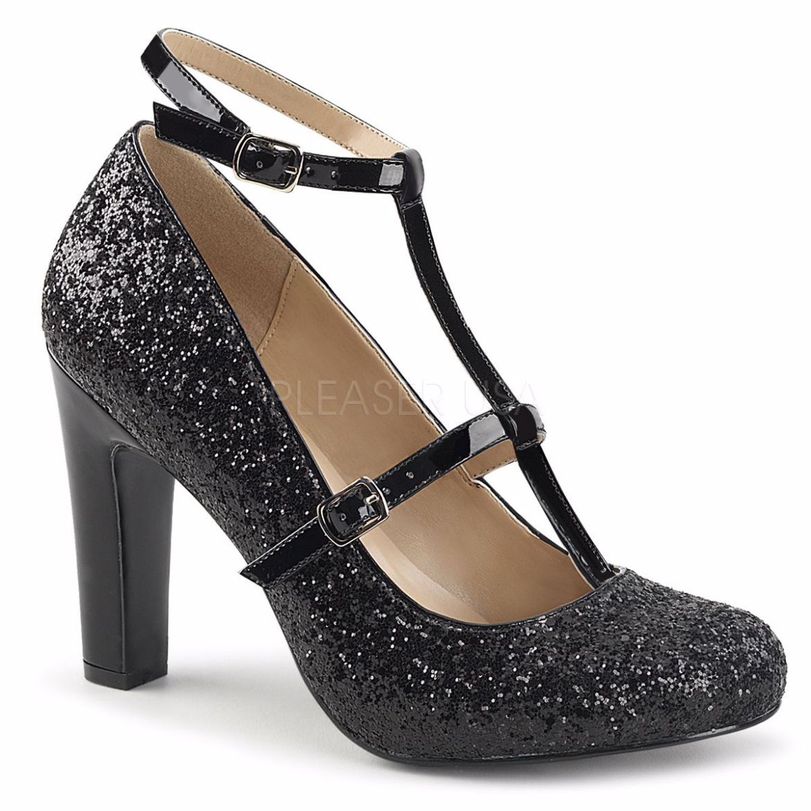 Product image of Pleaser Pink Label Queen-01 Black Glitter-Patent, 4 inch (10.2 cm) Heel Court Pump Shoes