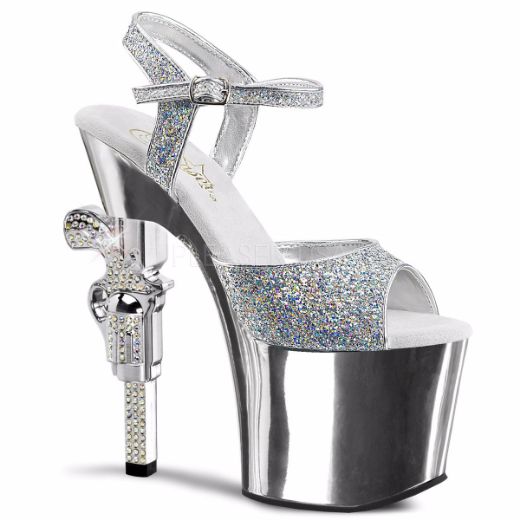 Product image of Pleaser Revolver-709G Silver Multi Glitter/Silver Chrome, 7 inch (17.8 cm) Heel, 3 1/4 inch (8.3 cm) Platform Sandal Shoes
