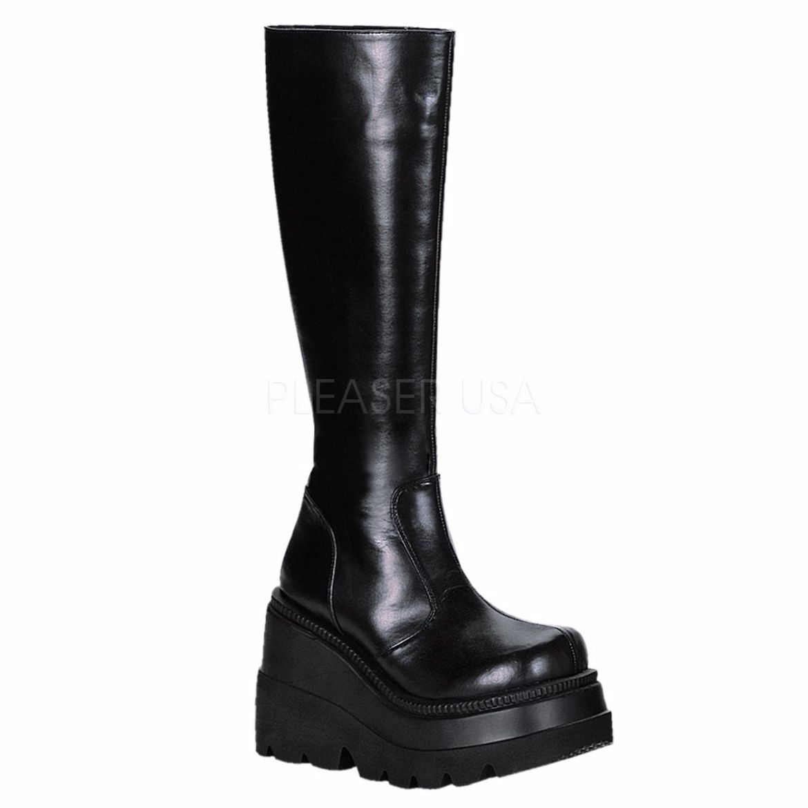 Product image of Demonia Shaker-100 Black Vegan Leather, 4 1/2 inch Platform Knee High Boot