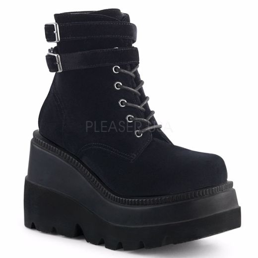 Product image of Demonia Shaker-52 Black Velvet, 4 1/2 inch (11.4 cm) Wedge Platform Ankle Boot