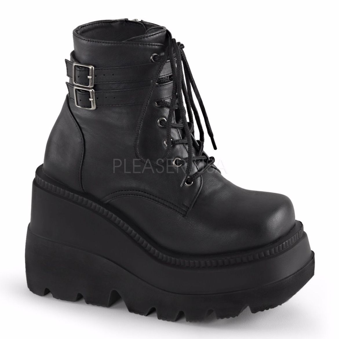 Product image of Demonia Shaker-52 Black Vegan Leather, 4 1/2 inch (11.4 cm) Wedge Platform Ankle Boot
