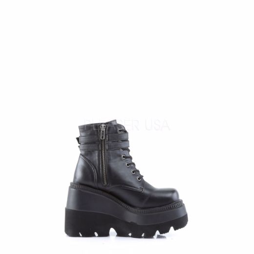 Product image of Demonia Shaker-52 Black Vegan Leather, 4 1/2 inch (11.4 cm) Wedge Platform Ankle Boot