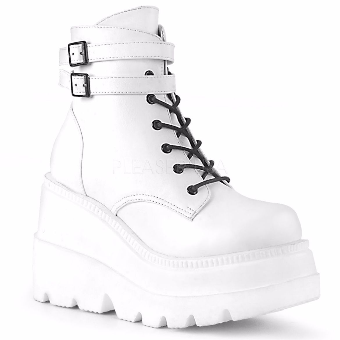 Product image of Demonia Shaker-52 White Vegan Leather , 4 1/2 inch (11.4 cm) Wedge Platform Ankle Boot