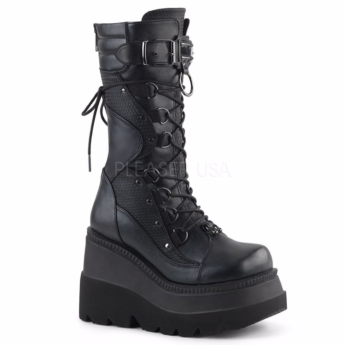 Product image of Demonia Shaker-70 Black Vegan Leather, 4 1/2 inch (11.4 cm) Wedge Platform Knee High Boot