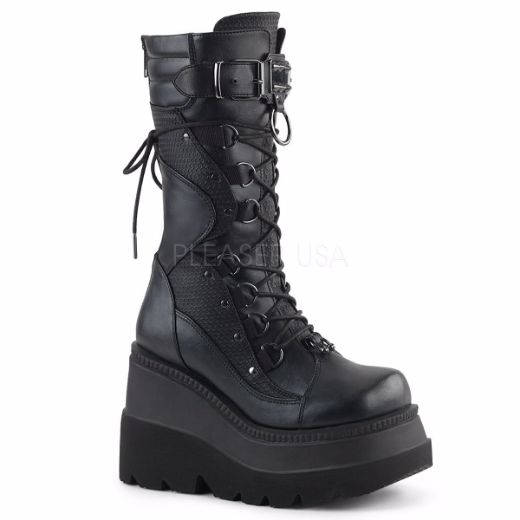 Product image of Demonia Shaker-70 Black Vegan Leather, 4 1/2 inch (11.4 cm) Wedge Platform Knee High Boot