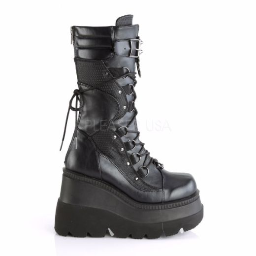 Product image of Demonia Shaker-70 Black Vegan Leather, 4 1/2 inch (11.4 cm) Wedge Platform Knee High Boot