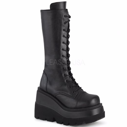 Product image of Demonia Shaker-72 Black Vegan Leather, 4 1/2 inch (11.4 cm) Wedge Platform Knee High Boot