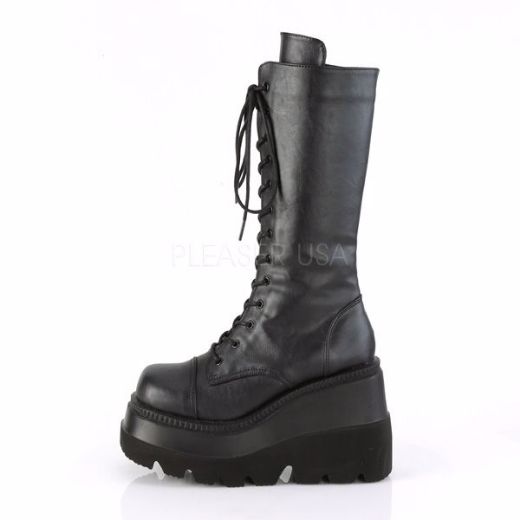 Product image of Demonia Shaker-72 Black Vegan Leather, 4 1/2 inch (11.4 cm) Wedge Platform Knee High Boot