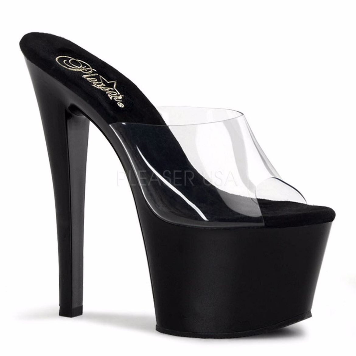 Product image of Pleaser Sky-301 Clear/Black, 7 inch (17.8 cm) Heel, 2 3/4 inch (7 cm) Platform Slide Mule Shoes