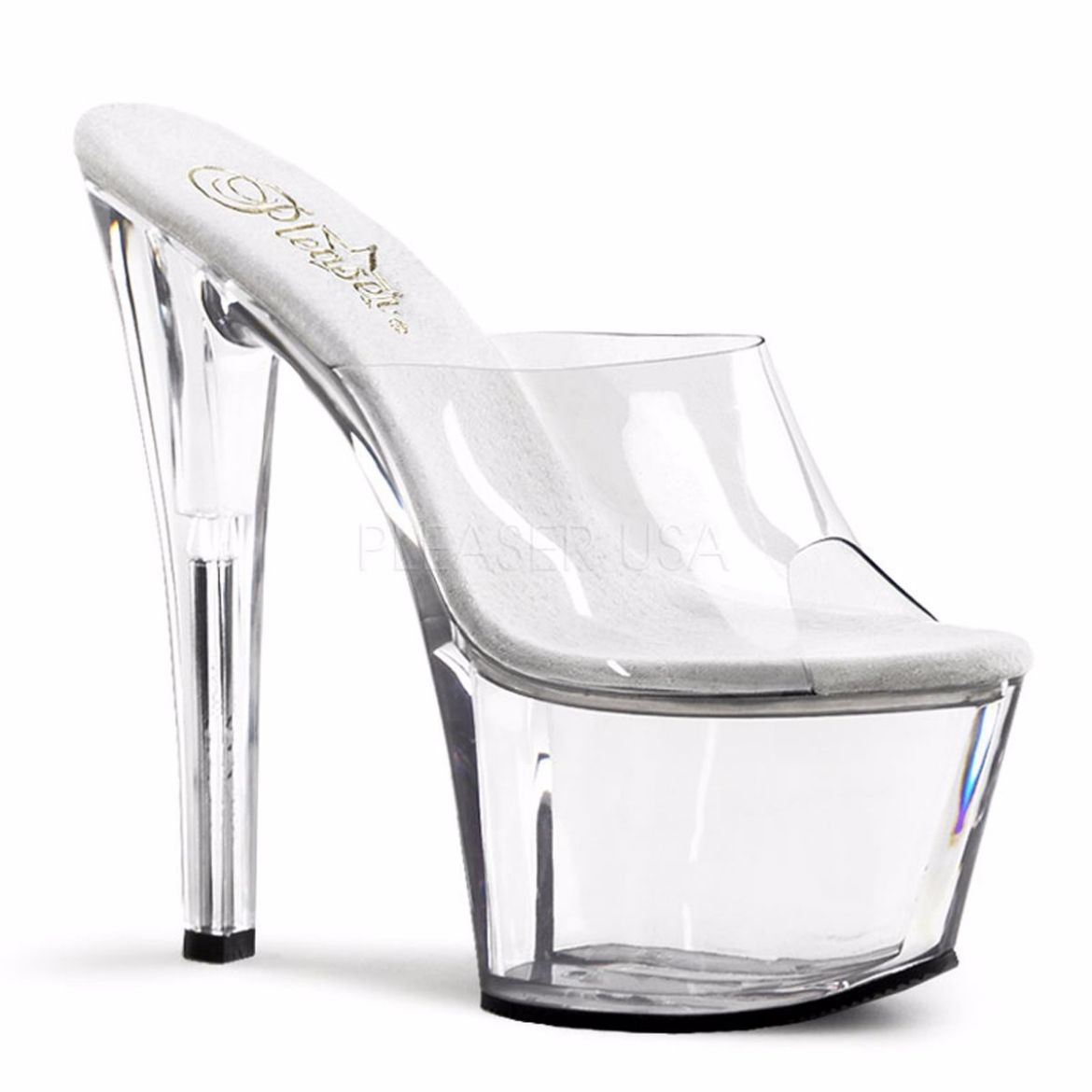 Product image of Pleaser Sky-301 Clear/Clear, 7 inch (17.8 cm) Heel, 2 3/4 inch (7 cm) Platform Slide Mule Shoes