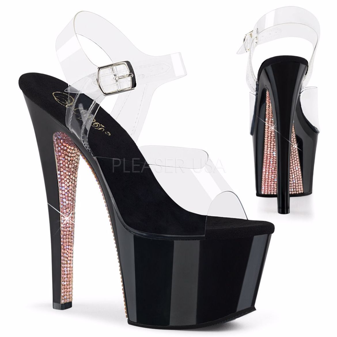 Product image of Pleaser Sky-308Crs Clear/Black-Champagne Ab Rhinestonetn, 7 inch (17.8 cm) Heel, 2 3/4 inch (7 cm) Platform Sandal Shoes