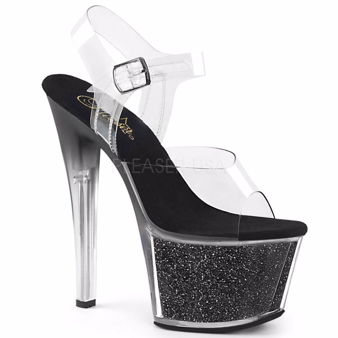 Product image of Pleaser Sky-308G-T Clear/Black Glitter Inserts, 7 inch (17.8 cm) Heel, 2 3/4 inch (7 cm) Platform Sandal Shoes