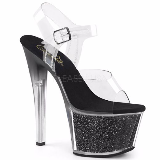 Product image of Pleaser Sky-308G-T Clear/Black Glitter Inserts, 7 inch (17.8 cm) Heel, 2 3/4 inch (7 cm) Platform Sandal Shoes