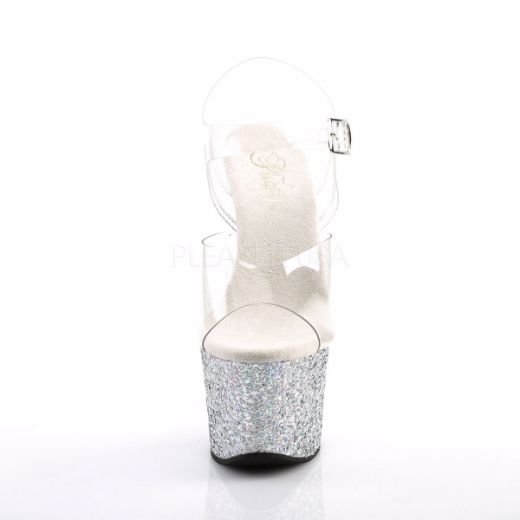 Product image of Pleaser Sky-308Lg Clear/Silver Multi Glitter, 7 inch (17.8 cm) Heel, 2 3/4 inch (7 cm) Platform Sandal Shoes