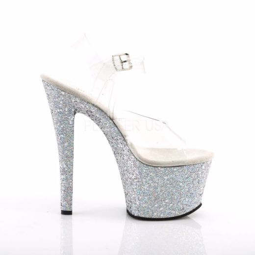 Product image of Pleaser Sky-308Lg Clear/Silver Multi Glitter, 7 inch (17.8 cm) Heel, 2 3/4 inch (7 cm) Platform Sandal Shoes