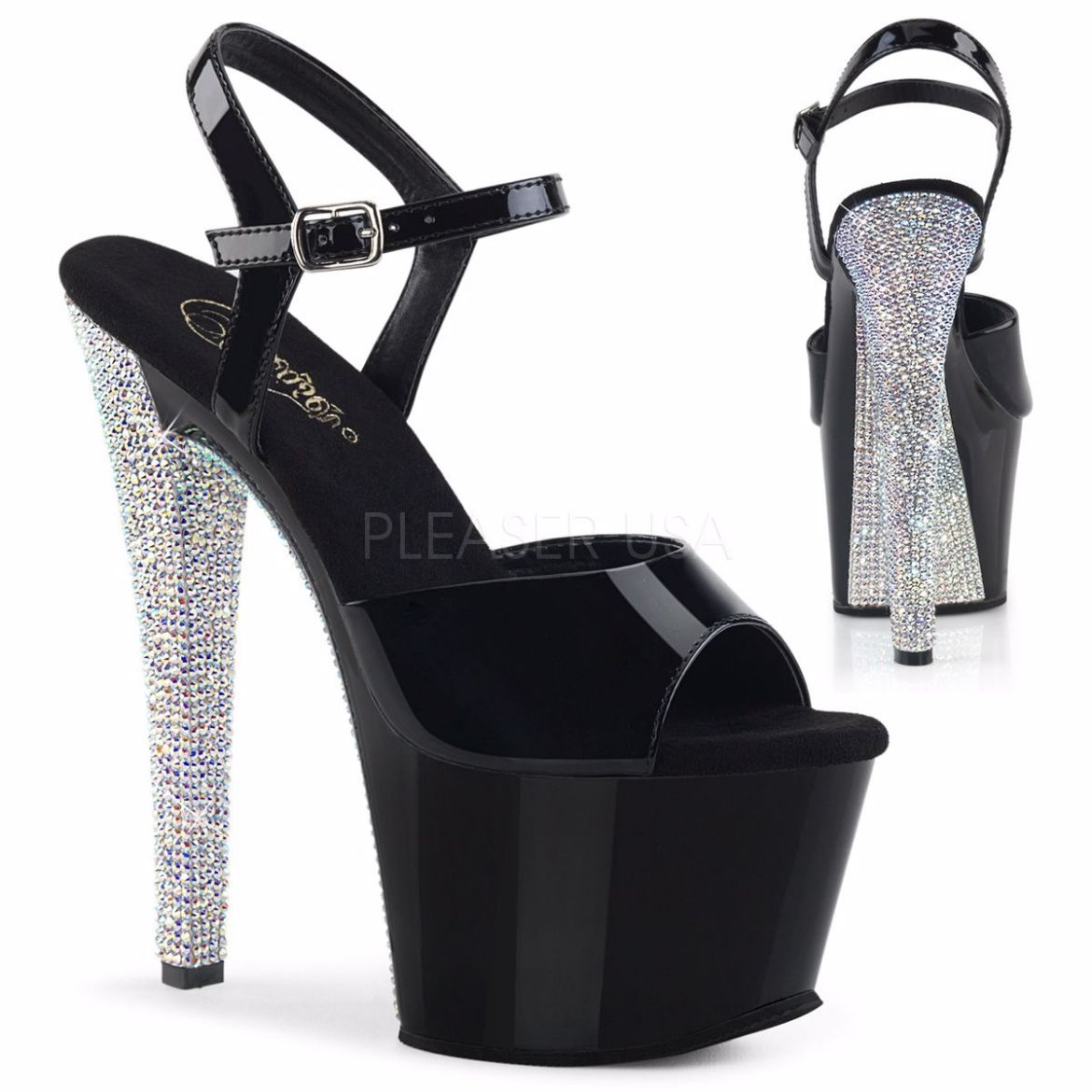 Product image of Pleaser Sky-309Chrs Black/Black-Silver Ab Rhinestonetn, 7 inch (17.8 cm) Heel, 2 3/4 inch (7 cm) Platform Sandal Shoes