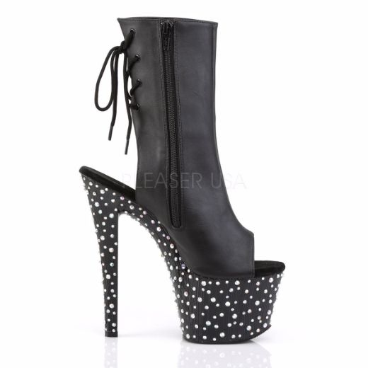 Product image of Pleaser Stardance-1018-7 Black Faux Leather/Black-Silver Multi Rhinestone, 7 inch (17.8 cm) Heel, 2 3/4 inch (7 cm) Platform Ankle Boot