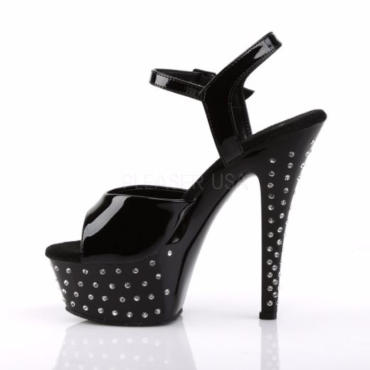 Product image of Pleaser Stardust-609 Black Patent/Black, 6 inch (15.2 cm) Heel, 1 3/4 inch (4.4 cm) Platform Sandal Shoes