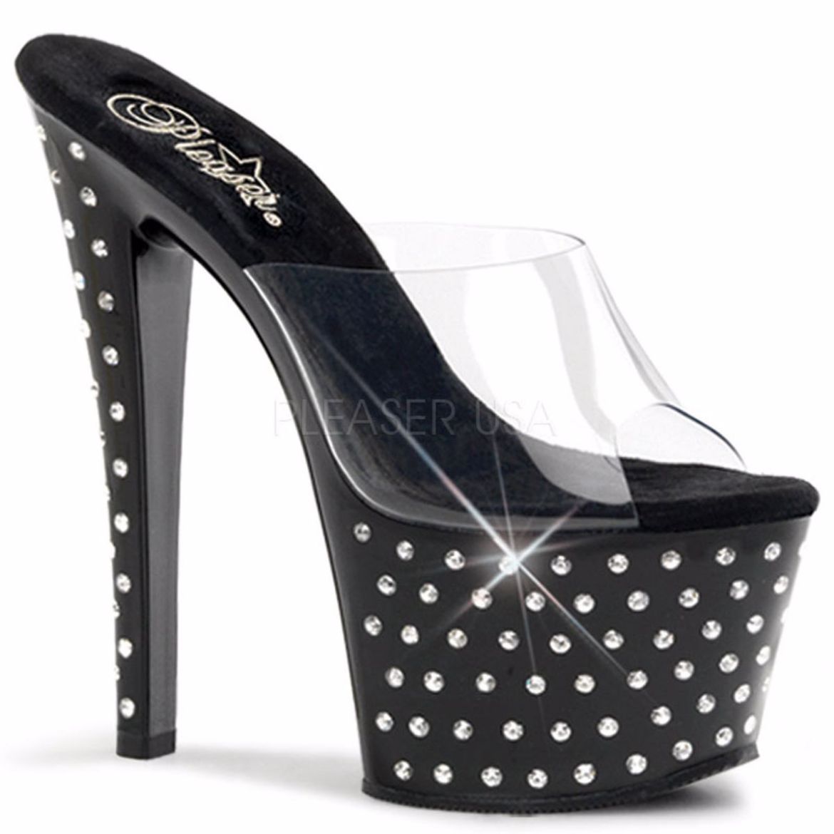 Product image of Pleaser Stardust-701 Clear/Black, 7 inch (17.8 cm) Heel, 2 3/4 inch (7 cm) Platform Slide Mule Shoes