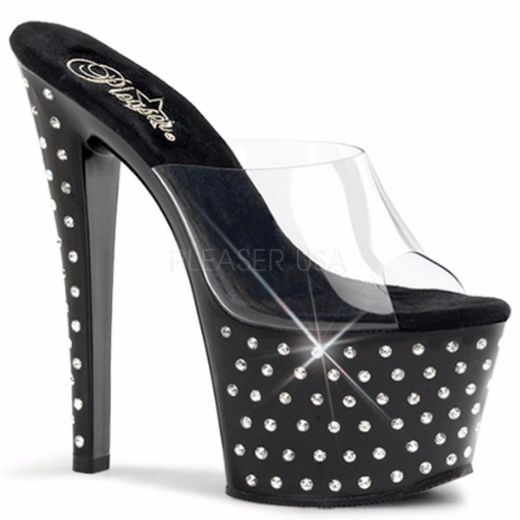 Product image of Pleaser Stardust-701 Clear/Black, 7 inch (17.8 cm) Heel, 2 3/4 inch (7 cm) Platform Slide Mule Shoes