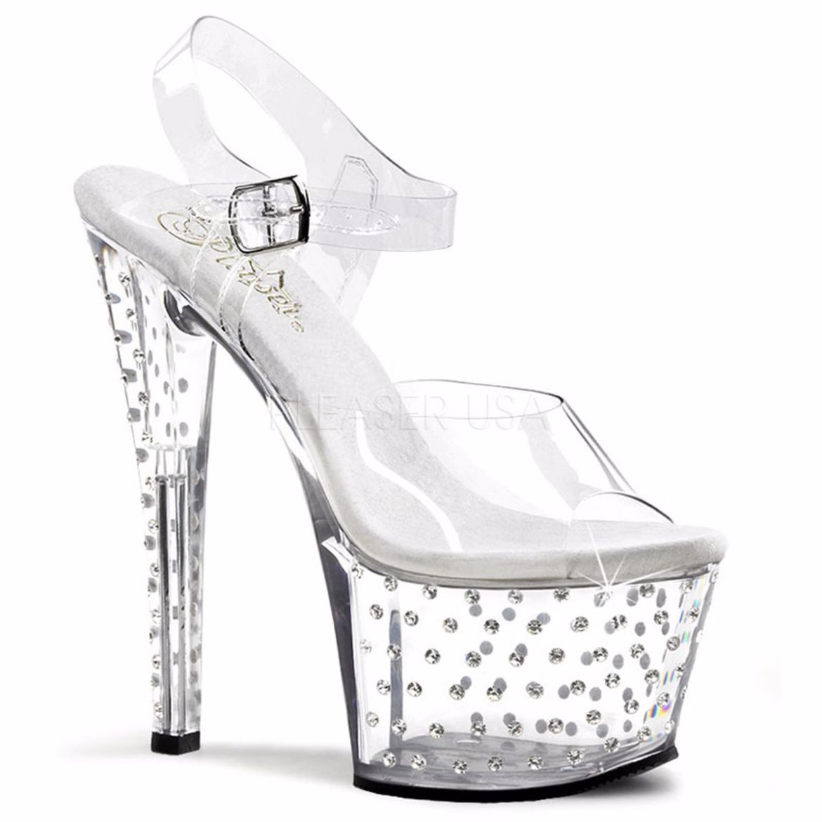 Product image of Pleaser Stardust-708 Clear/Clear, 7 inch (17.8 cm) Heel, 2 3/4 inch (7 cm) Platform Sandal Shoes