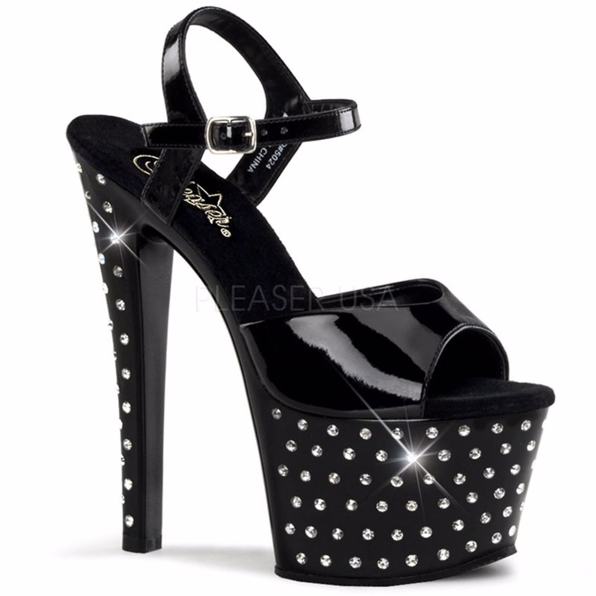 Product image of Pleaser Stardust-709 Black Patent/Black, 7 inch (17.8 cm) Heel, 2 3/4 inch (7 cm) Platform Sandal Shoes