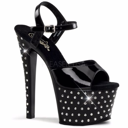 Product image of Pleaser Stardust-709 Black Patent/Black, 7 inch (17.8 cm) Heel, 2 3/4 inch (7 cm) Platform Sandal Shoes