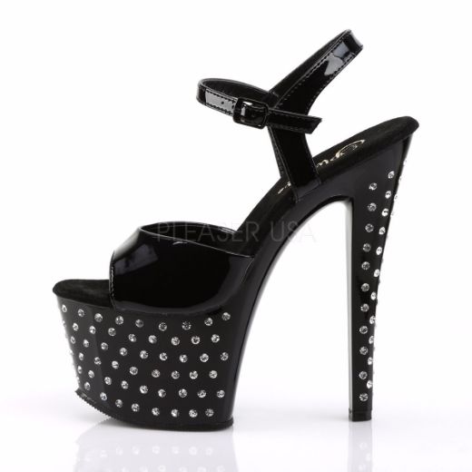 Product image of Pleaser Stardust-709 Black Patent/Black, 7 inch (17.8 cm) Heel, 2 3/4 inch (7 cm) Platform Sandal Shoes