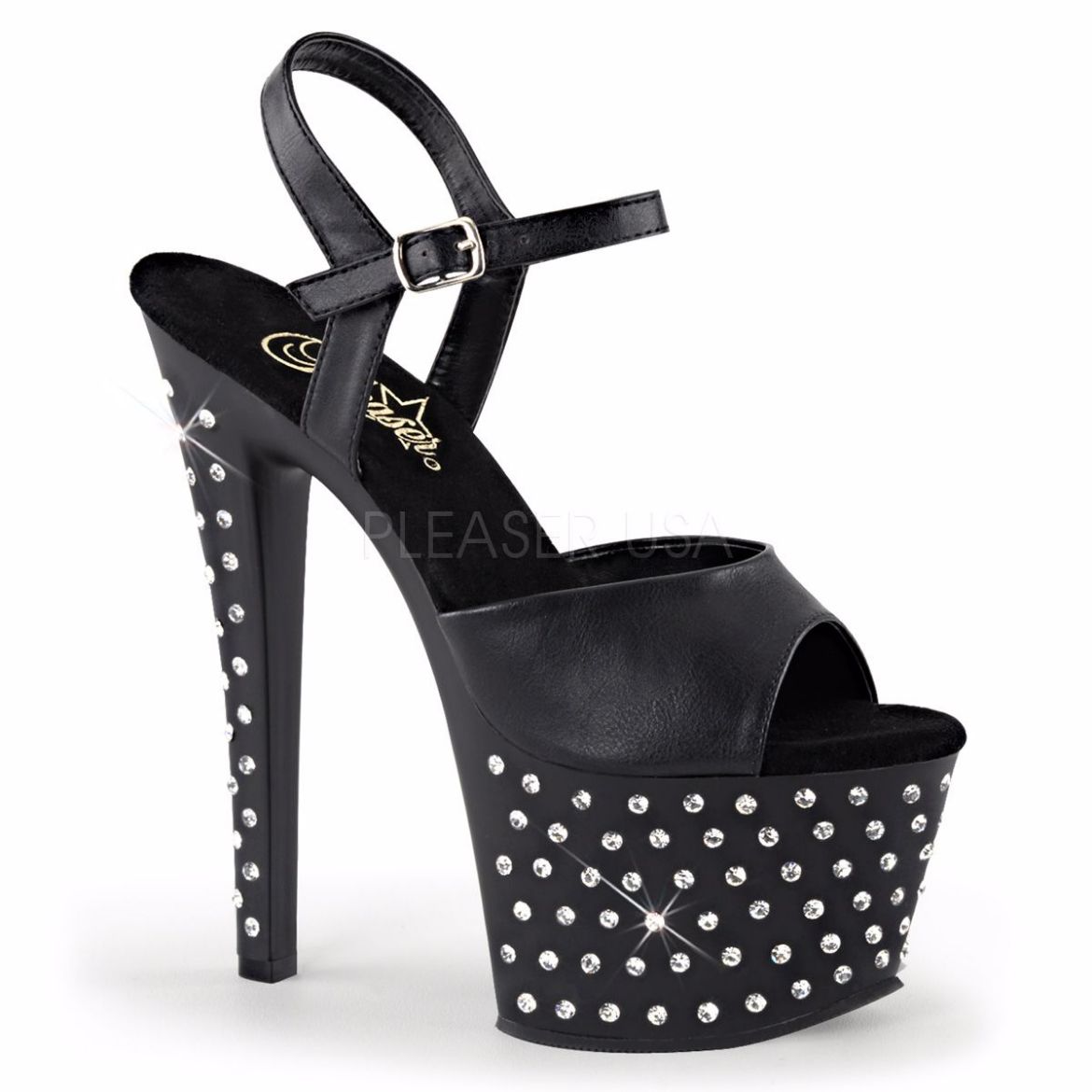 Product image of Pleaser Stardust-709 Black Faux Leather/Black Matte, 7 inch (17.8 cm) Heel, 2 3/4 inch (7 cm) Platform Sandal Shoes