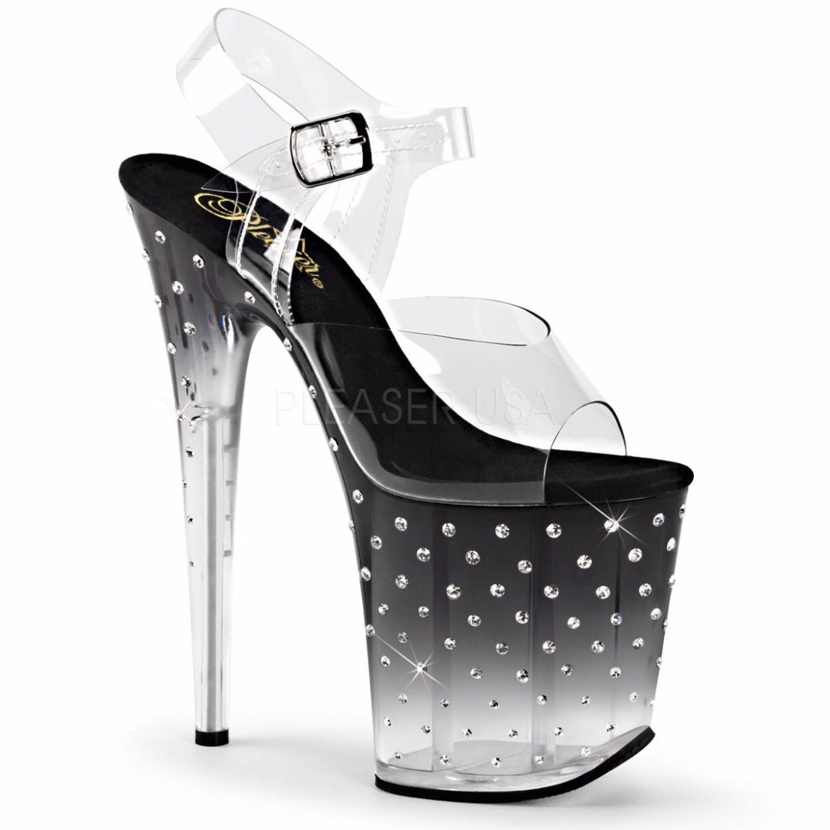 Product image of Pleaser Stardust-808T Clear/Black-Clear, 8 inch (20.3 cm) Heel, 4 inch (10.2 cm) Platform Sandal Shoes