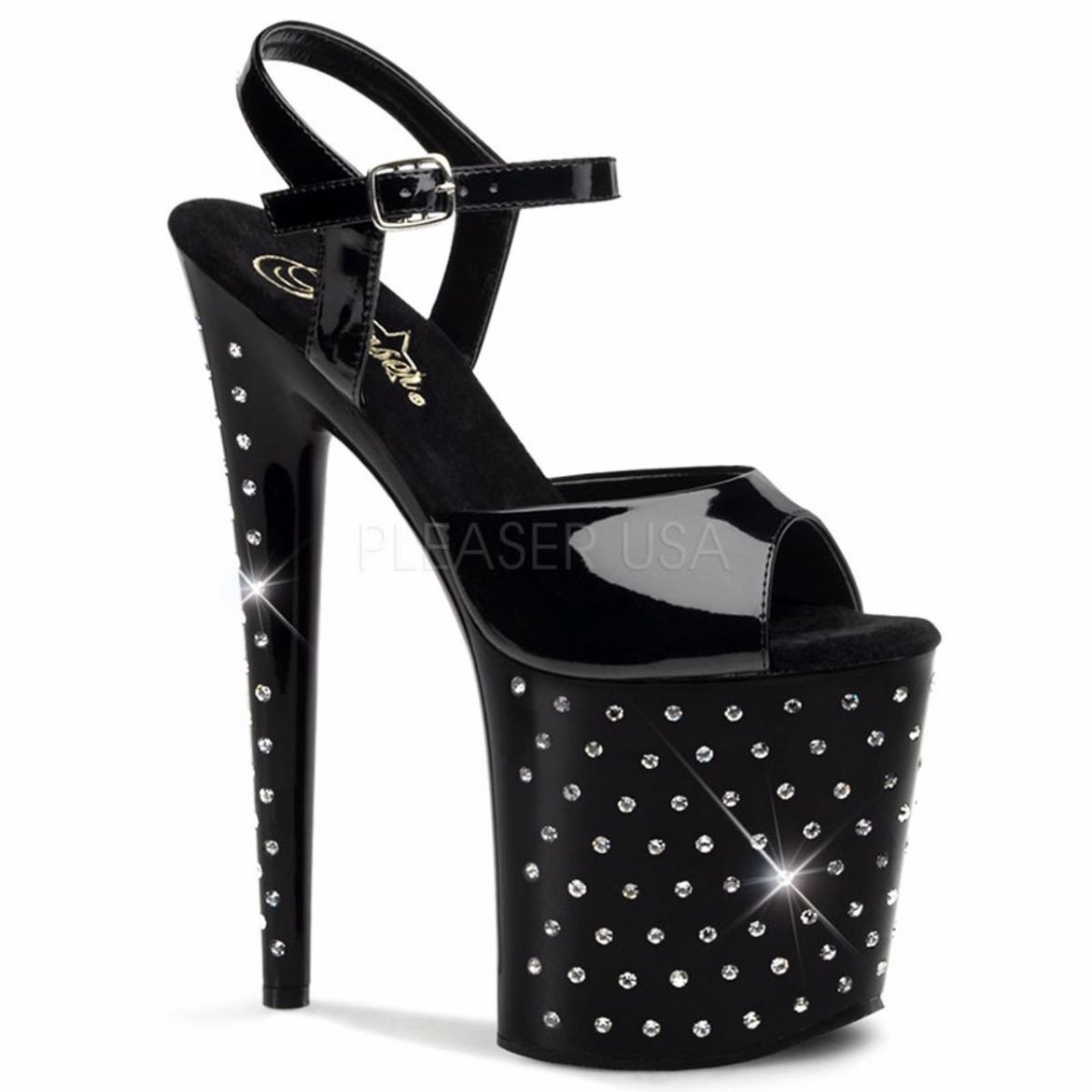 Product image of Pleaser Stardust-809 Black Patent/Black, 8 inch (20.3 cm) Heel, 4 inch (10.2 cm) Platform Sandal Shoes