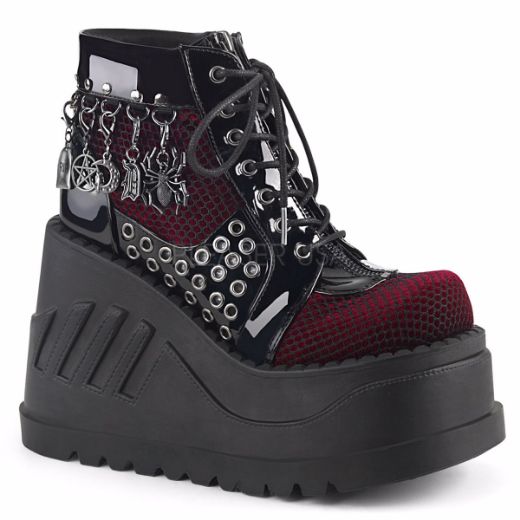 Product image of Demonia Stomp-18 Black Patent-Burgundy Velvet, 4 3/4 inch Platform Ankle Boot