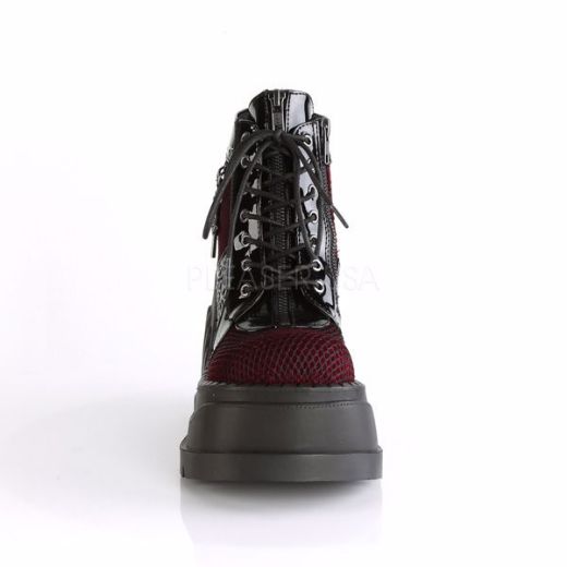 Product image of Demonia Stomp-18 Black Patent-Burgundy Velvet, 4 3/4 inch Platform Ankle Boot